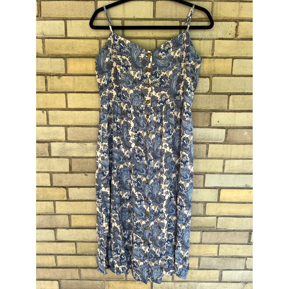 H&M Blue Paisley Button Front Dress Knee Length Adjustable Straps Size 12 Large